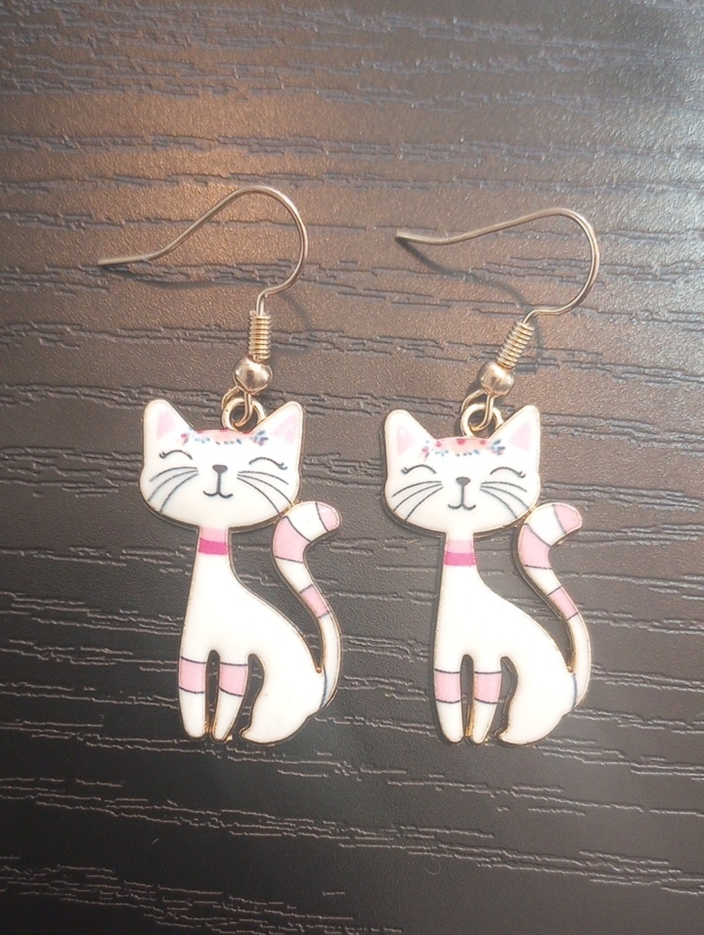 White & Pink Golden Cat Kitten Dangle Earrings